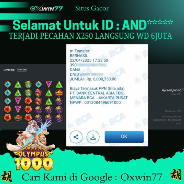 OXWIN77 JACKPOT SLOT GACOR GATES OF OLYMPUS 1000 Rp. 6.000.750,- LUNAS