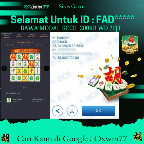 OXWIN77 JACKPOT SLOT GACOR MAHJONG WAYS Rp. 20.000.000,- LUNAS