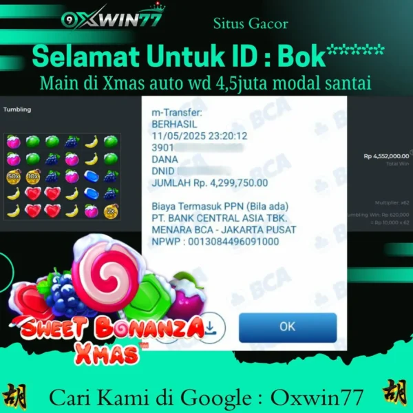 OXWIN77 JACKPOT SLOT GACOR SWEET BONANZA XMAS Rp. 4.300.000,- LUNAS