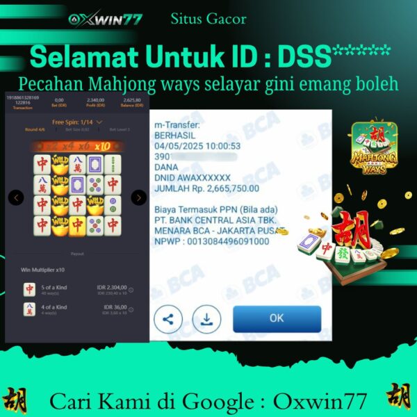 OXWIN77 JACKPOT SLOT GACOR MAHJONG WAYS PGSOFT Rp. 2.666.000,- LUNAS