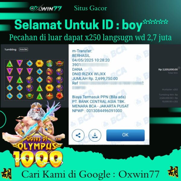 OXWIN77 JACKPOT SLOT GACOR GATES OF OLYMPUS 1000 Rp. 2.700.000,- LUNAS