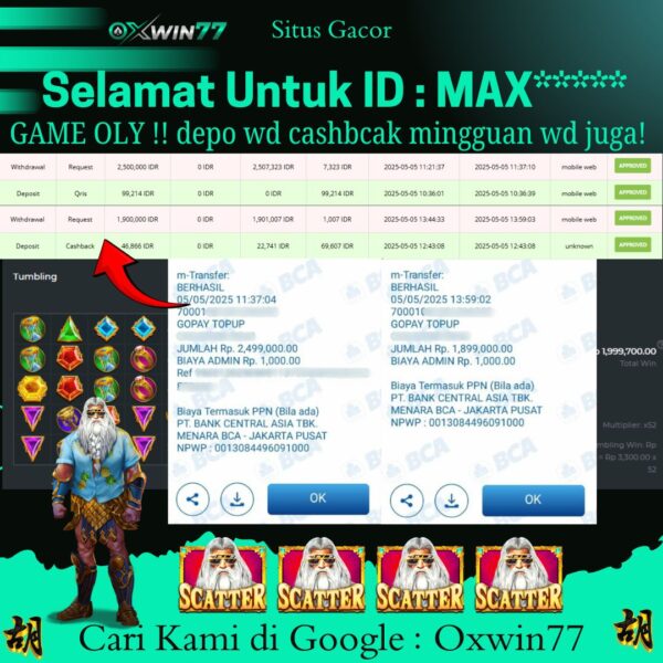 OXWIN77 JACKPOT SLOT GACOR GAME PP 98% RTP OLY Rp. 4.400.000,- LUNAS