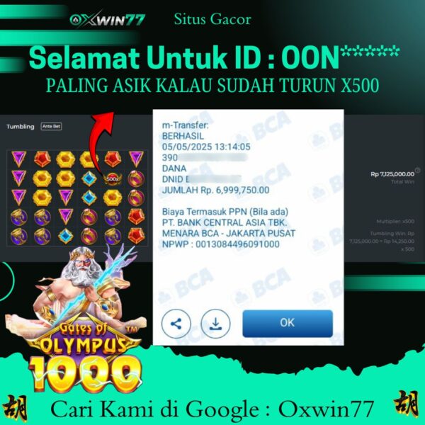 OXWIN77 JACKPOT SLOT GACOR GATES OF OLYMPUS 1000 Rp. 7.000.000,- LUNAS