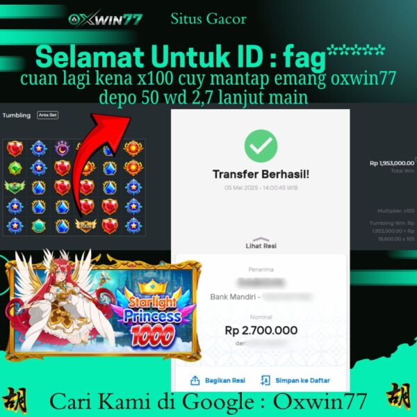 OXWIN77 JACKPOT SLOT GACOR STARLIGHT PRINCESS 1000 Rp. 2.700.000,- LUNAS