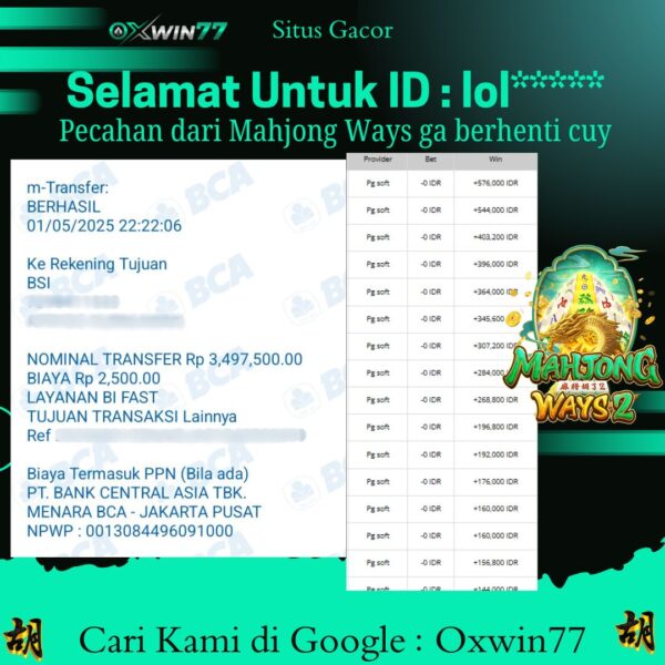 OXWIN77 JACKPOT SLOT GACOR MAHJONG WAYS 2 PGSOFT Rp. 3.500.000,- LUNAS
