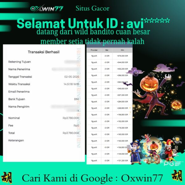 OXWIN77 JACKPOT SLOT GACOR WILD BANDITO PGSOFT Rp. 3.780.000,- LUNAS