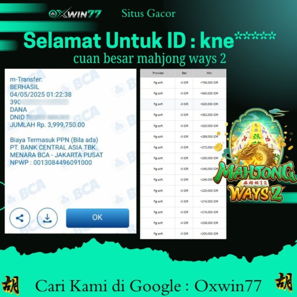 OXWIN77 JACKPOT SLOT GACOR MAHJONG WAYS 2 PGSOFT Rp. 4.000.000,- LUNAS
