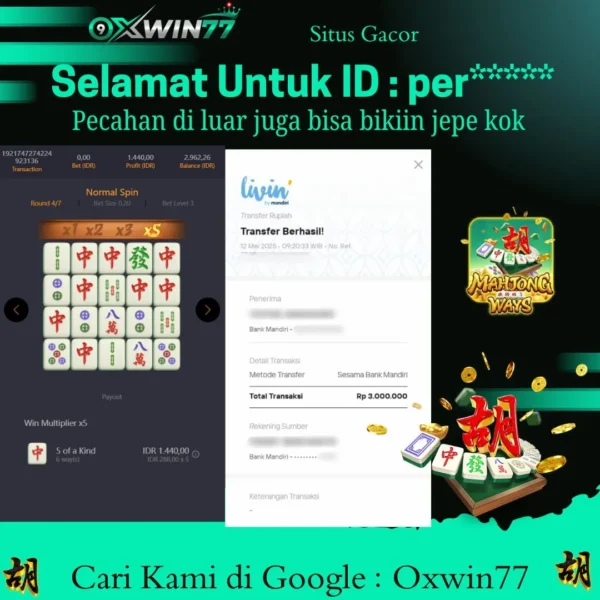 OXWIN77 JACKPOT SLOT GACOR MAHJONG WAYS PGSOFT Rp. 3.000.000,- LUNAS