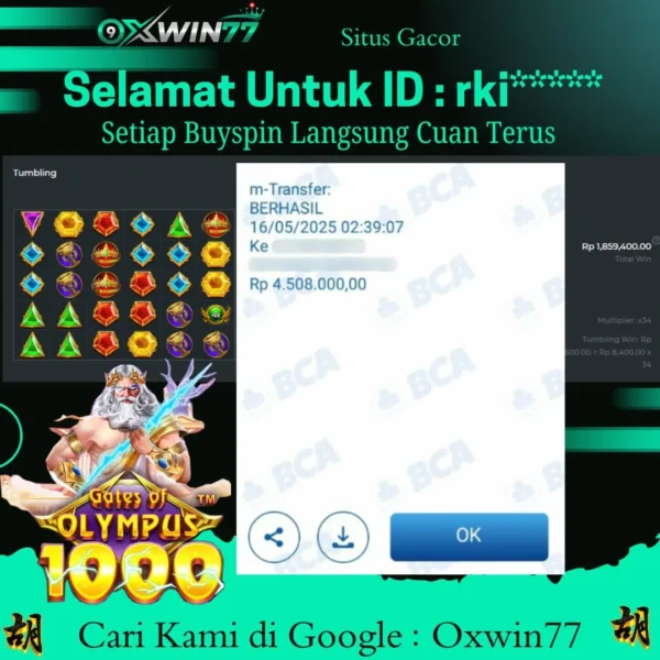 OXWIN77 JACKPOT SLOT GACOR GATES OF OLYMPUS 1000 Rp. 4.508.000,- LUNAS