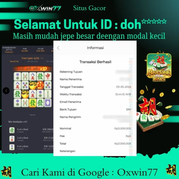 OXWIN77 JACKPOT SLOT GACOR MAHJONG WAYS PGSOFT Rp. 3.000.000,- LUNAS