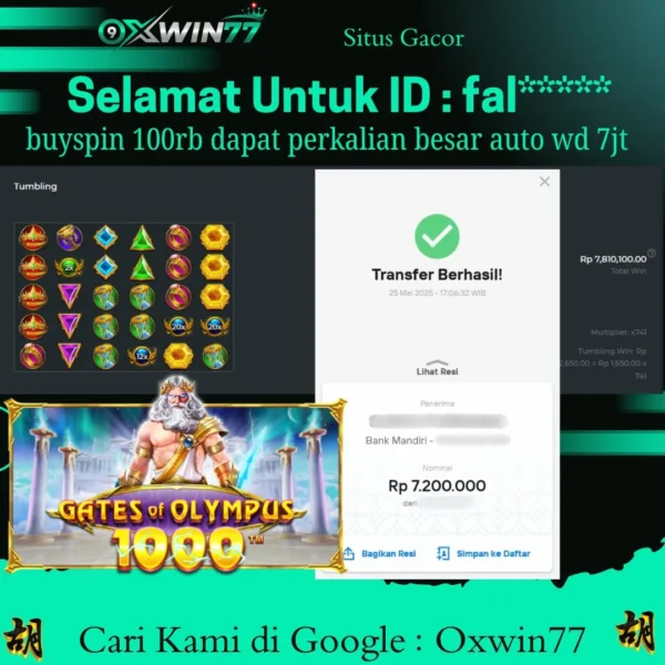OXWIN77 JACKPOT SLOT GACOR GATES OF OLYMPUS 1000 Rp. 7.200.000,- LUNAS