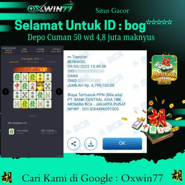 OXWIN77 JACKPOT SLOT GACOR MAHJONG WAYS PGSOFT Rp. 4.800.000,- LUNAS