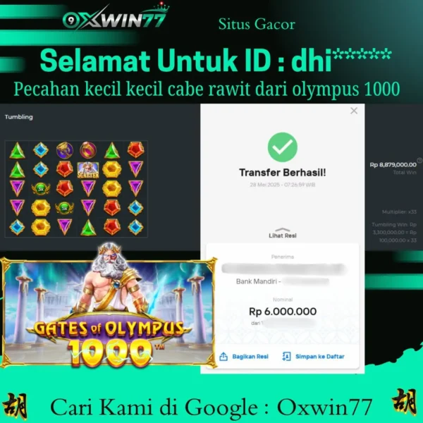 OXWIN77 JACKPOT SLOT GACOR GATES OF OLYMPUS 1000 Rp. 6.000.000,- LUNAS