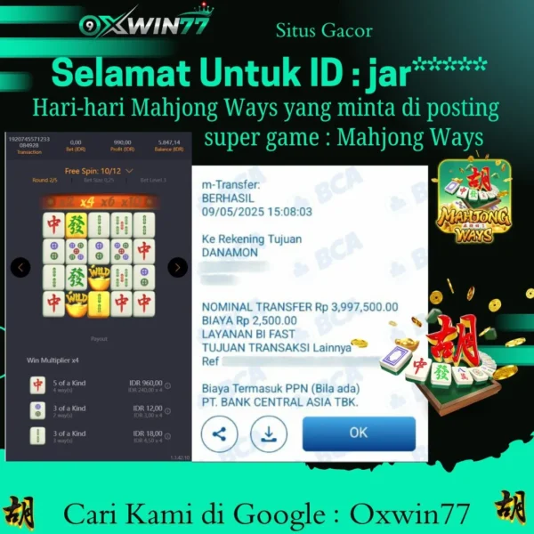 OXWIN77 JACKPOT SLOT GACOR MAHJONG WAYS PGSOFT Rp. 4.000.000,- LUNAS