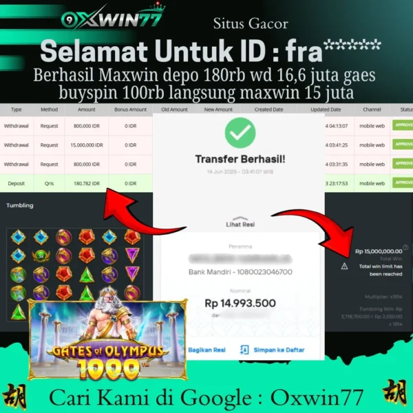 OXWIN77 JACKPOT SLOT GACOR GATES OF OLYMPUS 1000 Rp. 16.600.000.000,- LUNAS