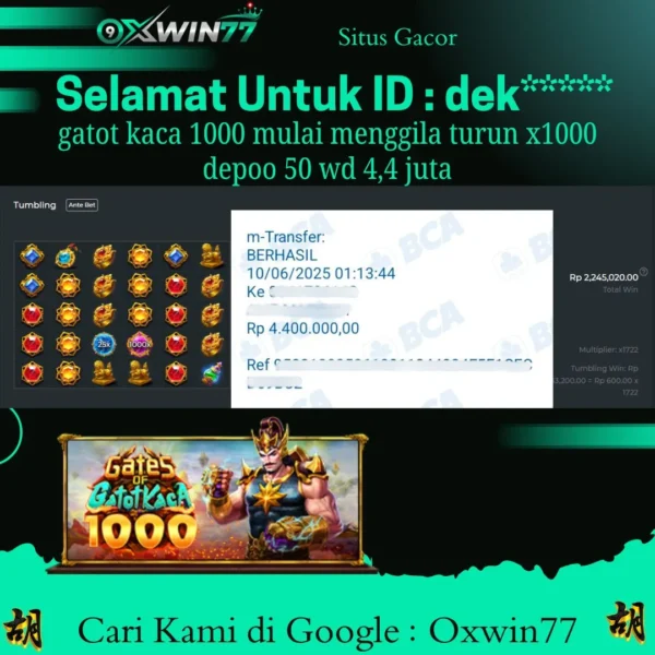 OXWIN77 JACKPOT SLOT GACOR GATES OF GATOT KACA 1000 Rp. 4.400.000,- LUNAS
