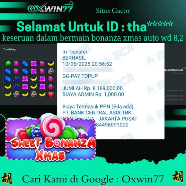 OXWIN77 JACKPOT SLOT GACOR SWEET BONANZA XMAS Rp. 8.190.000,- LUNAS