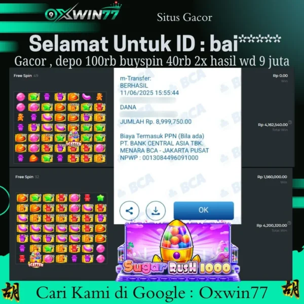 OXWIN77 JACKPOT SLOT GACOR SUGAR RUSH 1000 Rp. 9.000.000,- LUNAS